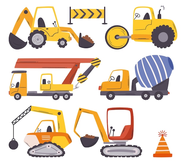 Bulldozery dźwigi koparki i ciężarówki z mieszalnikiem betonu i demolatorem Pojazdy budowlane Pchnięcie gruzu Podnoszenie ciężkich ładunków Kopanie i zrzucanie materiałów transportowych na placówkach budowlanych Wektor