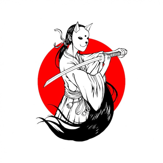 Bunny Mask Samurai Girl Simple Line Art