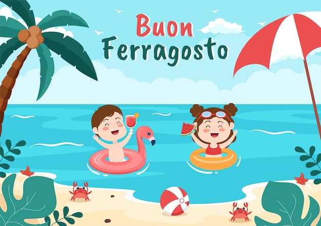 Buon Ferragosto Włoski letni festiwal na plaży ilustracja kreskówka