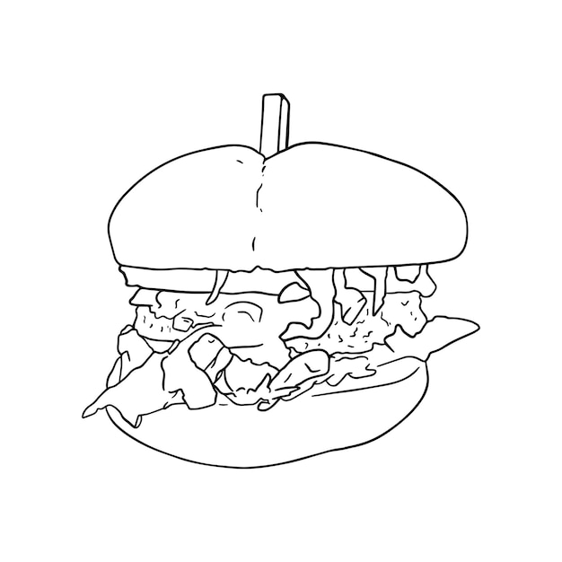 Burger bułka sałata kotlet fast foody fast foody doodle liniowy kolorowanie kreskówek