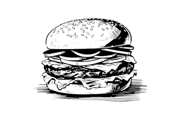 Burger grawerowanie stylu sztuki Ręcznie rysowane ilustracji wektorowych hamburgera