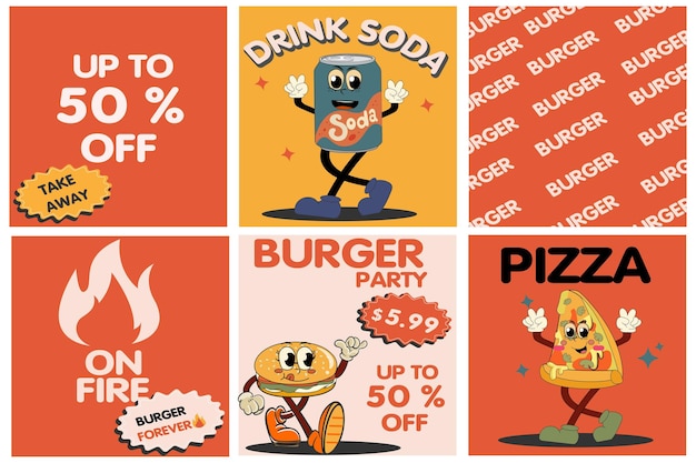 Burger Retro Kreskówka Fast Food Plakaty I Karty Cytat Z Komiksu I Inne Elementy