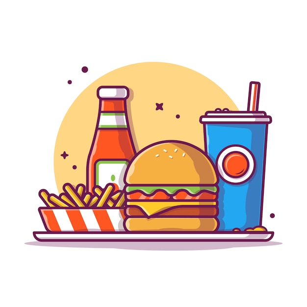 Plik wektorowy burger z frytkami i sody ikona ilustracji. fast foody ikona koncepcja na białym tle. płaski styl kreskówek