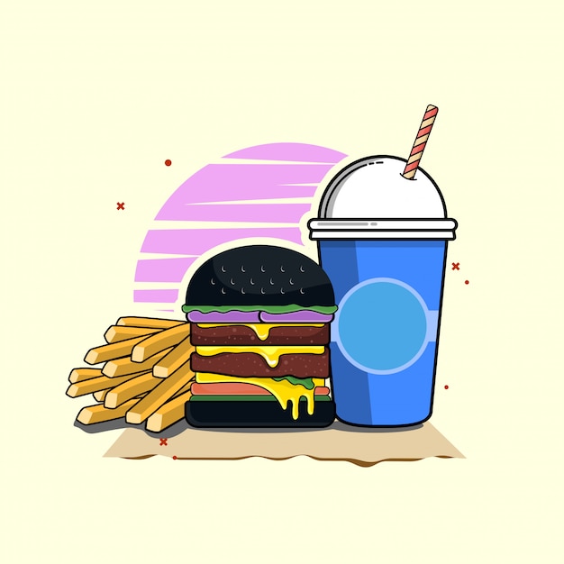 Burger Z Ilustracją Sody Clipart. Koncepcja Clipartów Fast Food Na Białym Tle. Płaski Wektor Stylu Cartoon