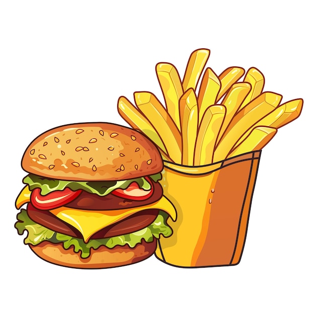 Burger z podwójnym kotletem i frytkami w żółtym kartonie Cheeseburger kotlet wołowy sałata sos pomidorowy Fast food uliczne jedzenie na wynos smaczne danie soczyste warstwy smażony chrupiący ziemniak