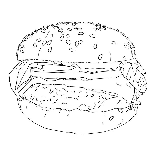 Burger Z Sezamową Sałatą Liść Pomidor Cebula Mięso Pasztecik Fast Food Doodle Linia Kreskówka
