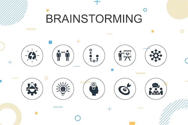 Burza Mózgów Modny Szablon Infografika. Cienka Linia Z Wyobraźnią, Pomysłem, Szansą, Ikonami Pracy Zespołowej