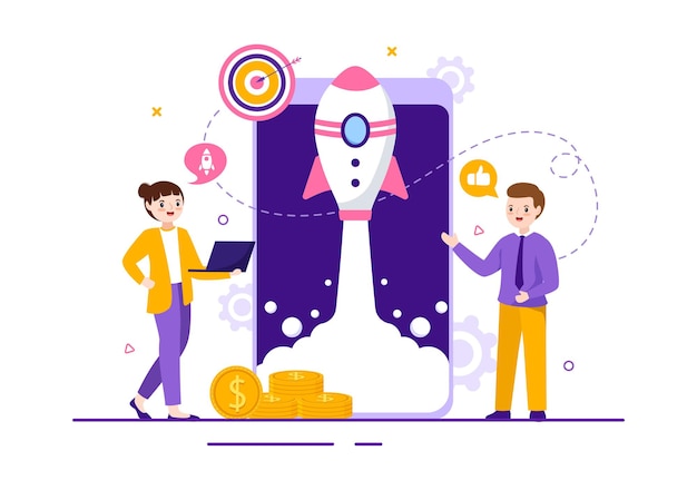 Business Boost Vector Illustration z Digital Marketing Rocket Company Sukces kariery