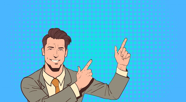 Business Man Point Finger To Copy Space Pop Art Kolorowe Retro Style