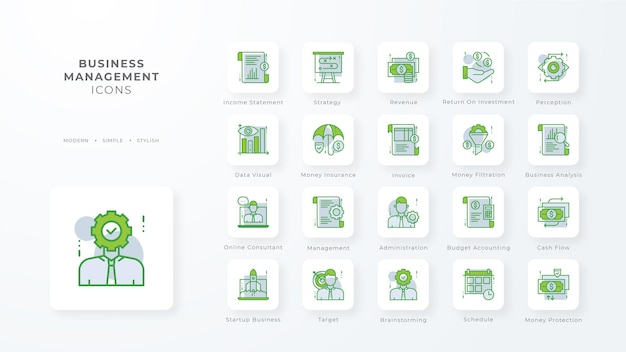 Business Management icon collection with green duotone style Rozwój bazy danych waluty korporacyjnej odkryj dokument e commerce Vector illustration