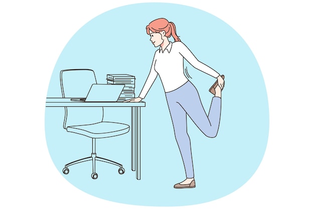 Businesswoman rozci?gania przy biurku tabeli w biurze Pracownik uprawiaj? sport lub treningu w miejscu pracy Zdrowy, aktywny styl życia Ilustracja wektora