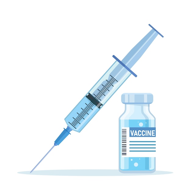 Plik wektorowy butelka i strzykawka z niebieskim wstrzyknięciem szczepionki z wirusa covid-19. koncepcja koronawirusa covid-19. strzykawka do wstrzykiwań i szczepionek ikona na białym tle. ilustracja wektorowa w stylu płaskiej