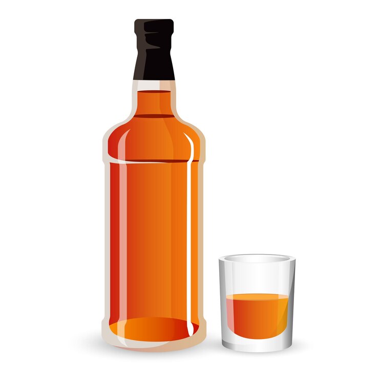 Wektor butelka napoju alkoholowego i kieliszki na białym tle. whisky, scotch lub koniak mocny brązowy napój ikona znak. luksusowy napój spirytusowy