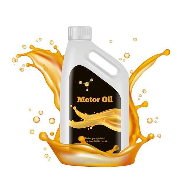 Plik wektorowy butelka oleju silnikowego. złote plamy oleju na białym tle