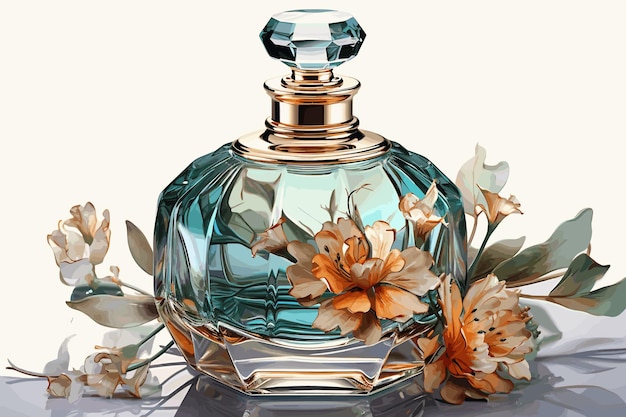 Plik wektorowy butelka perfum na niebieskim tle z białymi różami latającymi