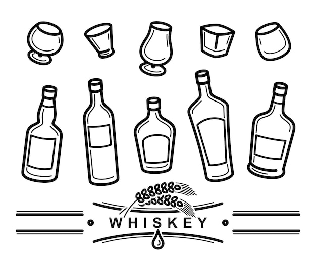 Butelka whisky i zestaw szklany Ikona kolekcji whisky Wektor