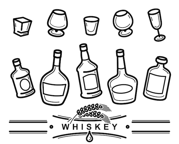 Butelka whisky i zestaw szklany Ikona kolekcji whisky Wektor