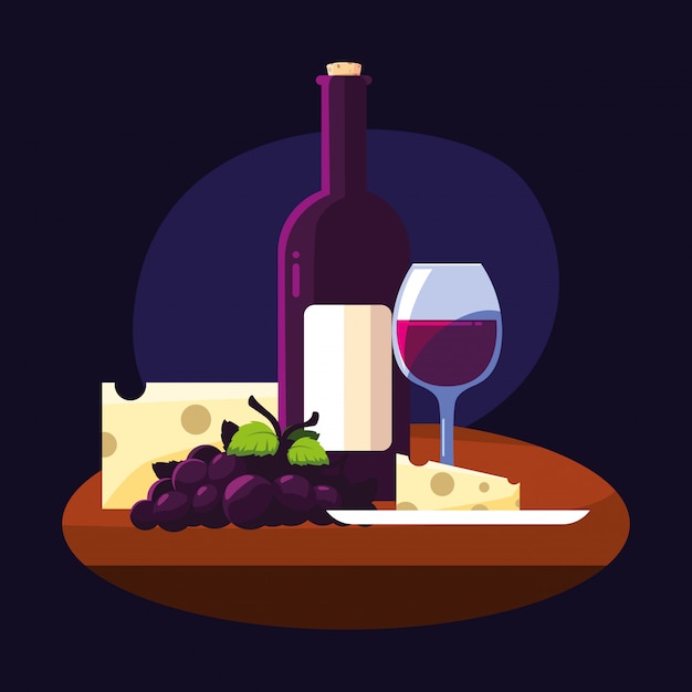 Plik wektorowy butelka wina serów winogron i kubek