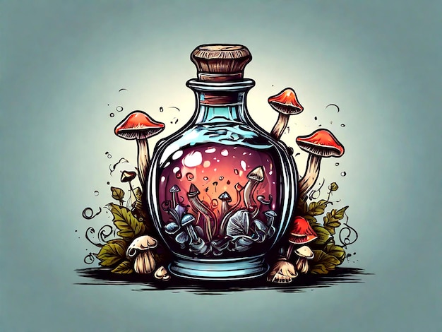 Plik wektorowy butelka z magicznym eliksirem z grzybami, ręcznie narysowana ilustracja wektorowa w stylu doodle