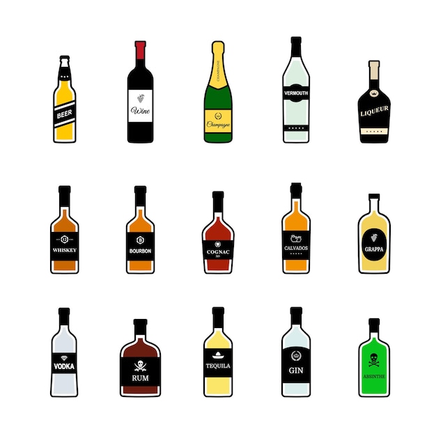 Butelki Napojów Alkoholowych Kolorowy Zestaw Vector