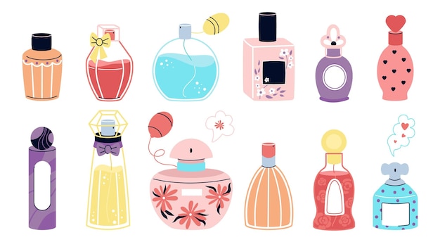 Butelki perfum z kreskówek, zapach woda i perfumy, opakowania retro, modne butelki vintage, dekoracyjne kosmetyki dla dziewcząt, płaski, przyzwoity zestaw wektorowy