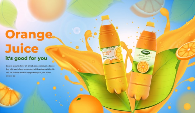 Butelki soku pomarańczowego z rozpryskami reklam soków