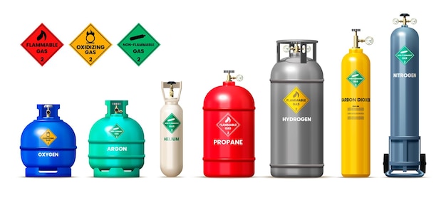 Plik wektorowy butle gazowe i zbiorniki realistyczny zestaw z symbolami gazu utleniającego na białym tle ilustracji wektorowych
