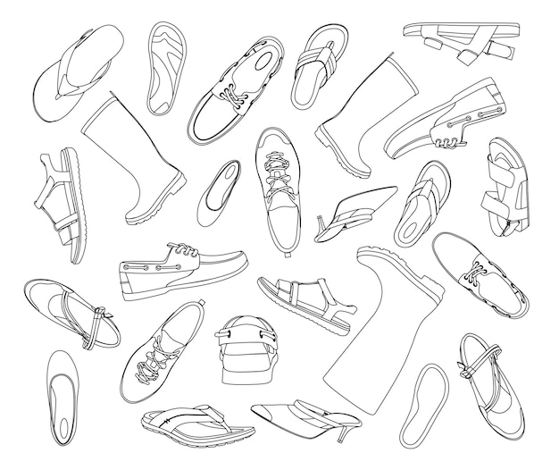 Plik wektorowy buty wektor kolekcja, gryzmoły wektor buty, na białym tle, zestaw obuwia męskiego i damskiego.