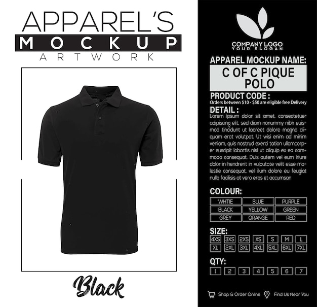 C Of C Pique Polo Czarna Odzież Mockup Artwork Design