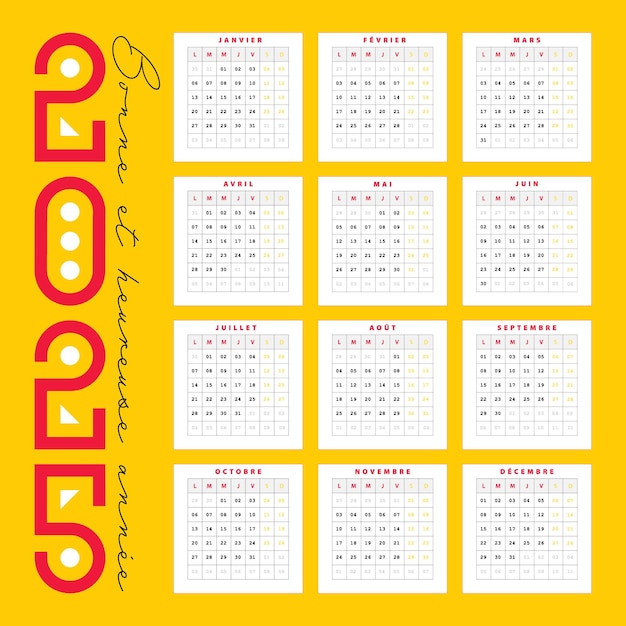 Calendrier Francais 2025 Design Artistique Personalizable żółty pomarańczowy czerwony