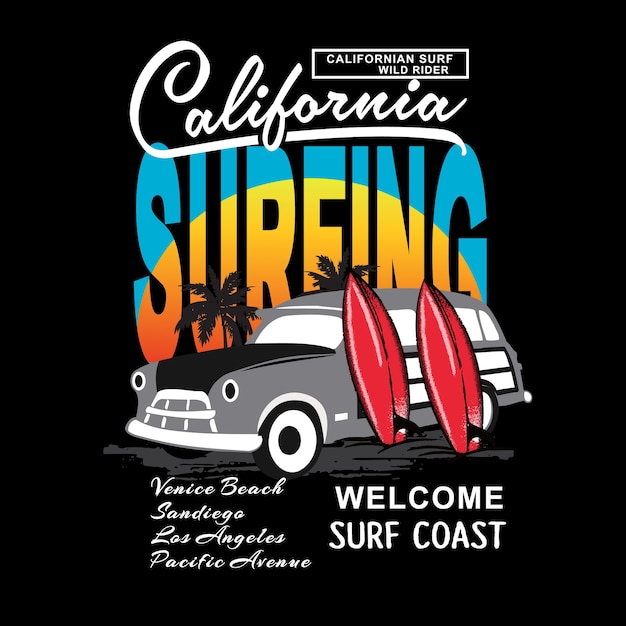 California Miami Surfing Typografia T Shirt Wektor