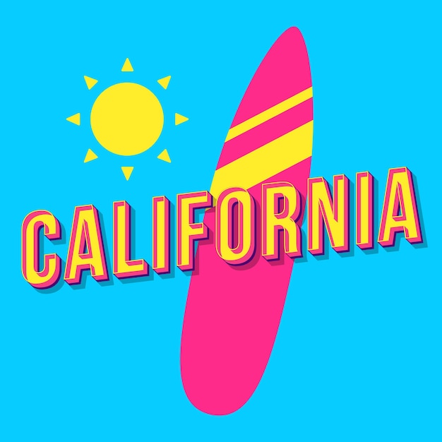 California Vintage Wektor 3d Napis. Retro Pogrubiona Czcionka, Krój Pisma. Stylizowany Tekst Pop-artu. Litery W Stylu Starej Szkoły. Plakat Z Lat 90., 80., Projekt Typografii Banerów. Lazurowe Tło Z Deską Surfingową