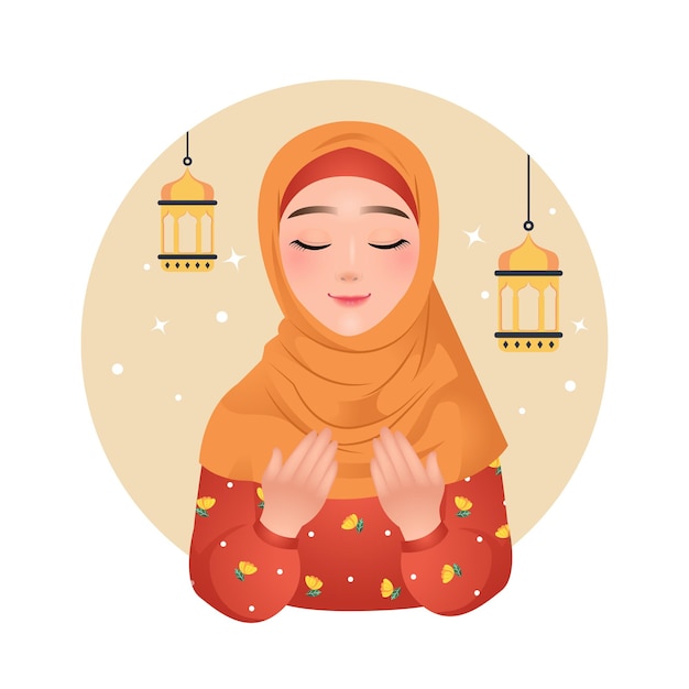 Całkiem Muzułmańska Kobieta W Hidżabie W Modlącej Się Pozie Ramadan Kareem Clipart