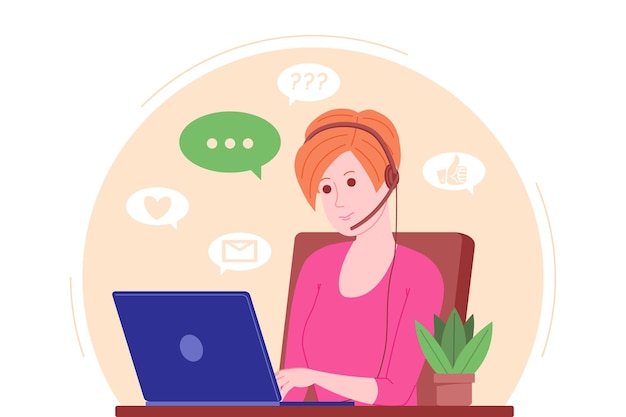 Call center, obsługa klienta, wsparcie i pomoc docelowa. Hotline kobieta operatora z zestawami słuchawkowymi i laptopem. Koncepcja telemarketingu i konsultacji. Ilustracja kreskówka wektor.