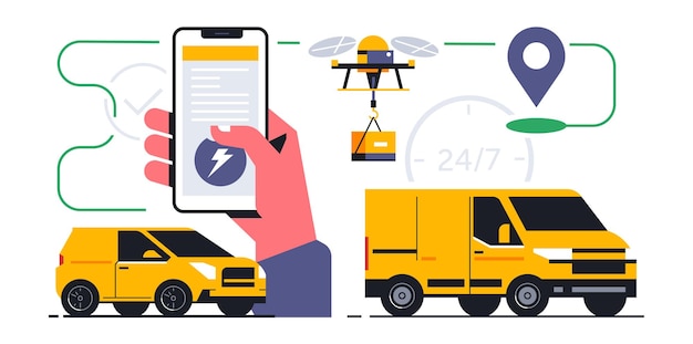 Plik wektorowy całodobowa usługa dostawy online dla paczek i jedzenia do domu szybka dostawa zamówienie za pośrednictwem aplikacji mobilnej telefon ręczny ekran aplikacji inteligentny dron samochód skuter trasa gps van ilustracja wektorowa