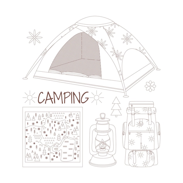 Camping I Piesze Wycieczki Zestaw Rysowane Elementy Namiot Plecak Mapa Latarka Lampa Naftowa