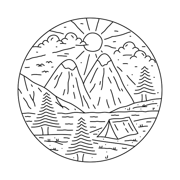 Camping Natura Przygoda Dzika Góra Wschód Słońca Linia Graficzny Ilustracja Projekt Koszulki