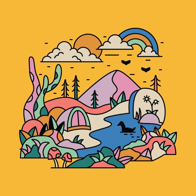 Camping natura przygoda dzika górska rzeka kolorowa grafika ilustracja projekt koszulki artystycznej