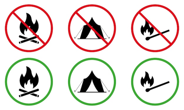 Camping Ognisko Dozwolone Strefa Czarna Sylwetka Zestaw Ikon Zabronione Ognisko Piktogram Płomień Stop Symbol