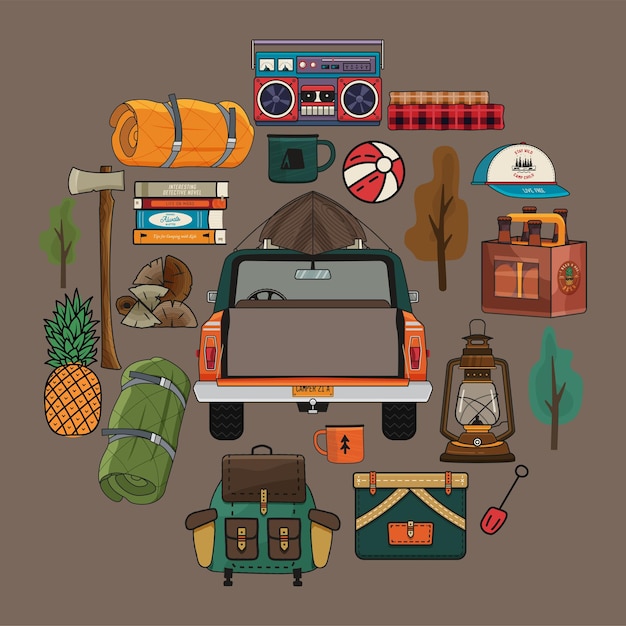 Camping Przygoda Clipart W Okrągłym Stylu Letnie Wędrówki I Kolekcja Na Zewnątrz Z Obozowym Samochodem Plecak Topór Piwo I Inne Elementy Stockowe Obiekty Wektorowe Na Ciemnym Tle