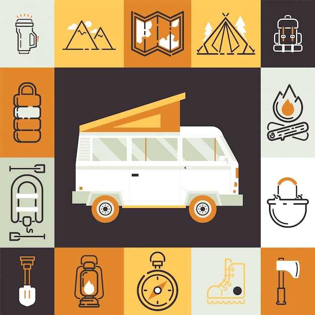 Camping Van I Pojedyncze Ikony W Kolażu Aktywności Na świeżym Powietrzu