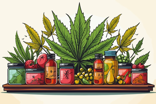 Cannabis Naturalna Medycyna Zaopatrzenie Kreskówki Ilustracja Wektorowa Projekt Graficzny