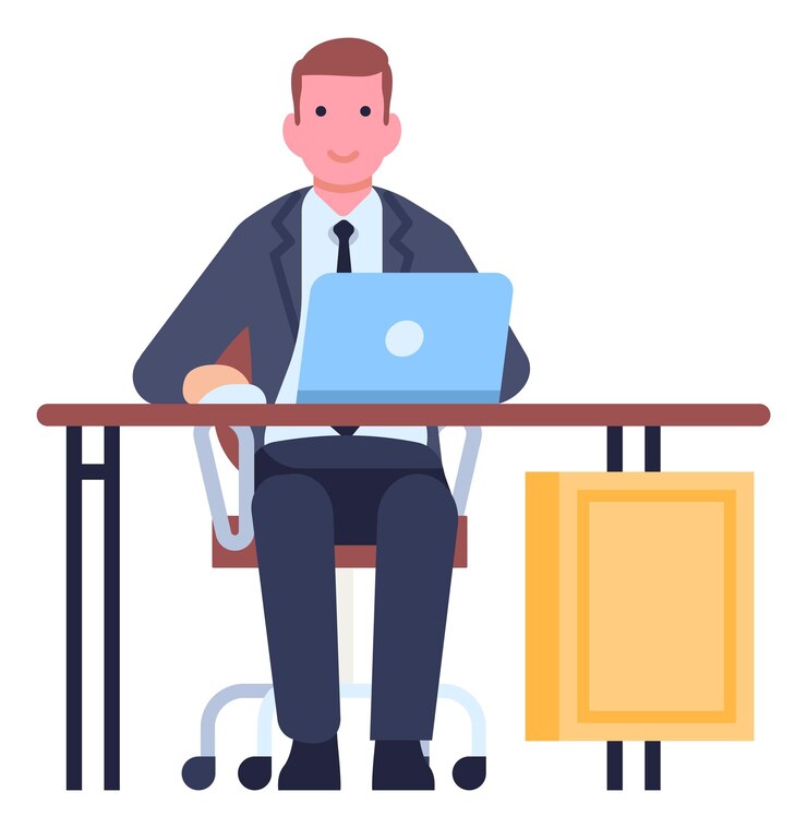 Wektor cartoon biznesmen stanowią męski znak menedżer w formalnym garniturze zawód urzędników mężczyzna pracujący z laptopem urzędowe miejsce pracy pracownik korporacyjny siedzi przy stole ilustracji wektorowych