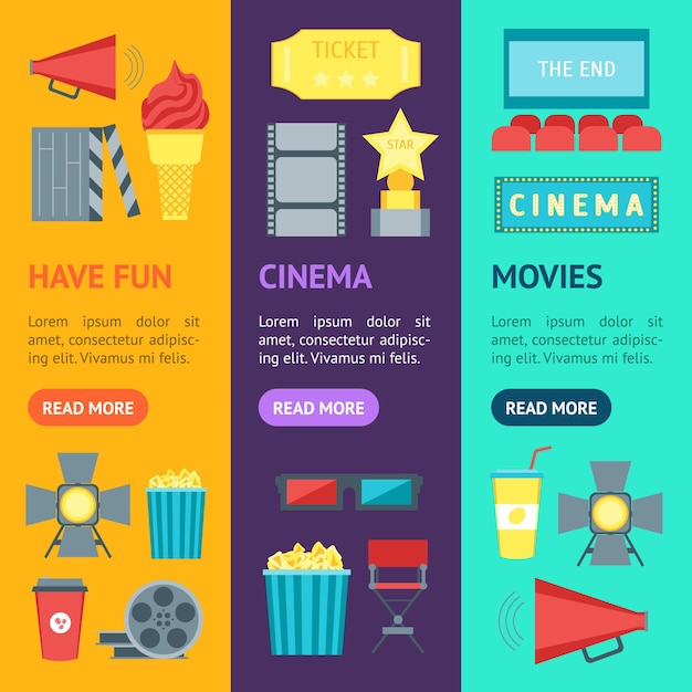 Cartoon Cinema Movie Banner Vecrtical Zestaw Vector