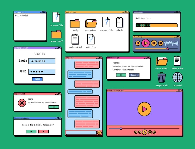 Cartoon Color Retro Browser Komputer Okno Elementy Zestaw Wektor