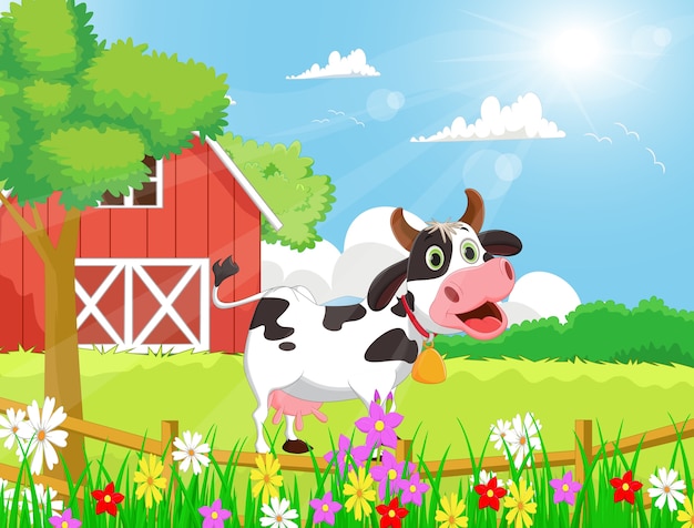 Cartoon Cow With Farm Scenery