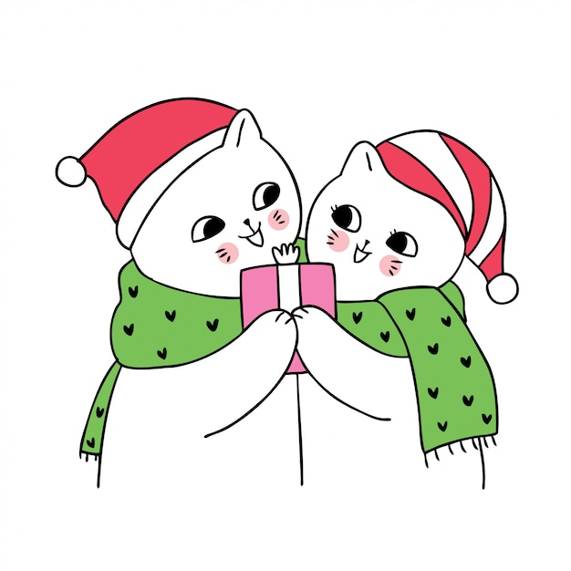 Cartoon Cute Christmas Para Kotów I Prezent