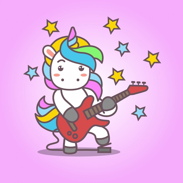 Cartoon_cute Kawaii Unicorn, Gra Na Gitarze