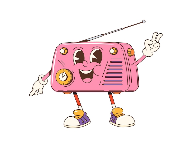 Wektor cartoon groovy radio vintage odbiornik postać