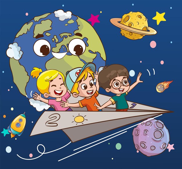 Plik wektorowy cartoon kids flying with paper planekids jeżdżą papierowym samolotem ilustracja wektorowa